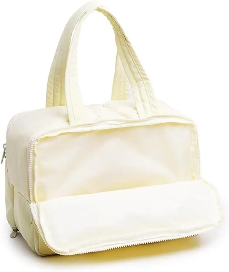 Cureaway Travel Cosmetic Bag, Meonsopoli Large Capacity Wide, Large Capacity Wide-Open Travel Cosmetic Bag, Waterproof Portable Pouch, With Divider and Handle (Beige)