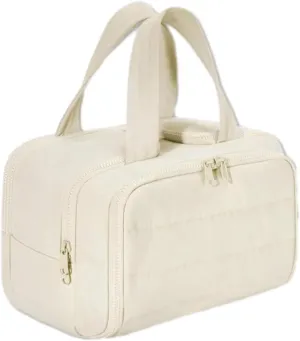 Cureaway Travel Cosmetic Bag, Meonsopoli Large Capacity Wide, Large Capacity Wide-Open Travel Cosmetic Bag, Waterproof Portable Pouch, With Divider and Handle (Beige)