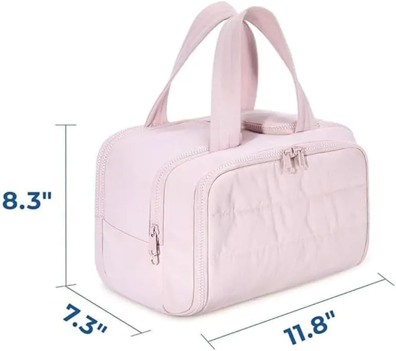 Cureaway Travel Cosmetic Bag, Meonsopoli Large Capacity Wide, Large Capacity Wide-Open Travel Cosmetic Bag, Waterproof Portable Pouch, With Divider and Handle (Pink)