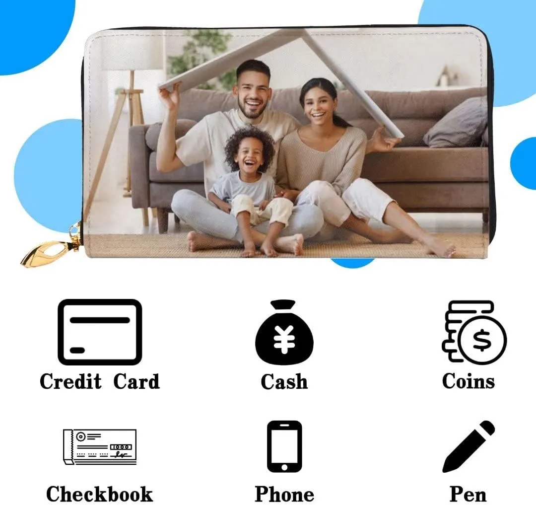 Custom Leather Wallet for Men Personalized Photo Wallets with Zipper Long Credit Cards Wallet Valentines Gift for Husband Dad Son Boyfriend Father