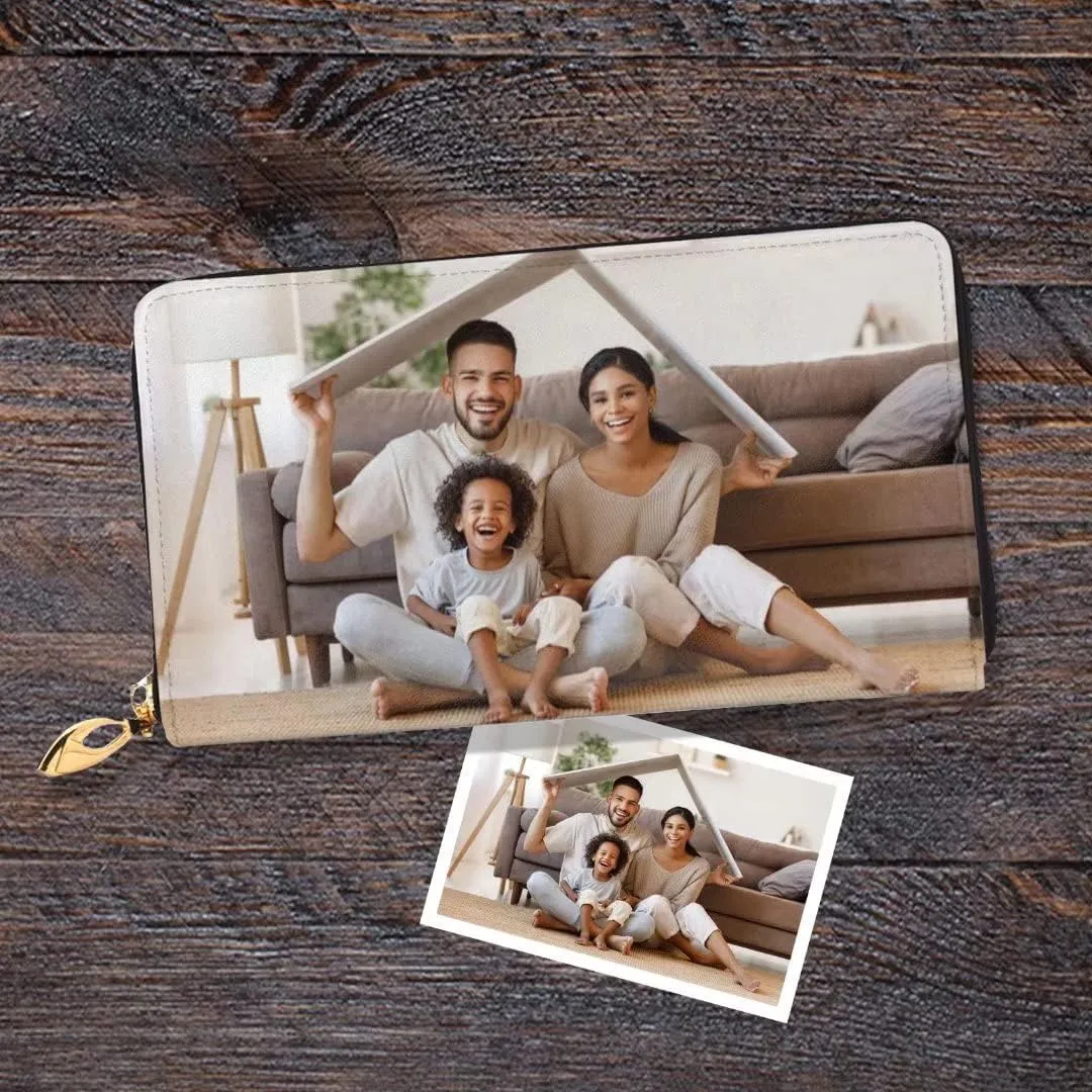 Custom Leather Wallet for Men Personalized Photo Wallets with Zipper Long Credit Cards Wallet Valentines Gift for Husband Dad Son Boyfriend Father