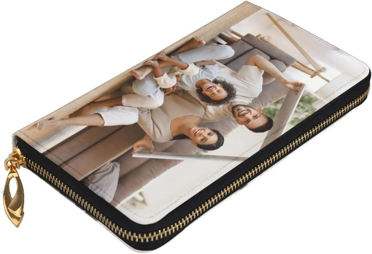 Custom Leather Wallet for Men Personalized Photo Wallets with Zipper Long Credit Cards Wallet Valentines Gift for Husband Dad Son Boyfriend Father