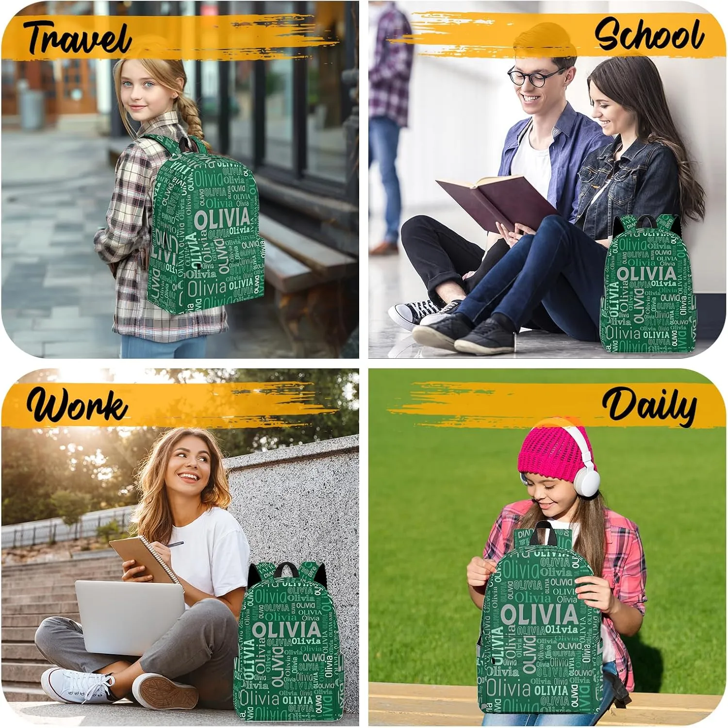 Custom Name Backpack, Personalized Schoolbag with Name for Boys Girls Kids, Customized Casual Backpack with Name for School Travel Picnic Camping Hiking