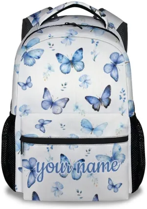 Custom School Backpack for Kids, 17 Inch Blue Butterfly Backpacks for Girls, Aesthetic Portable Bookbag for Middle High School