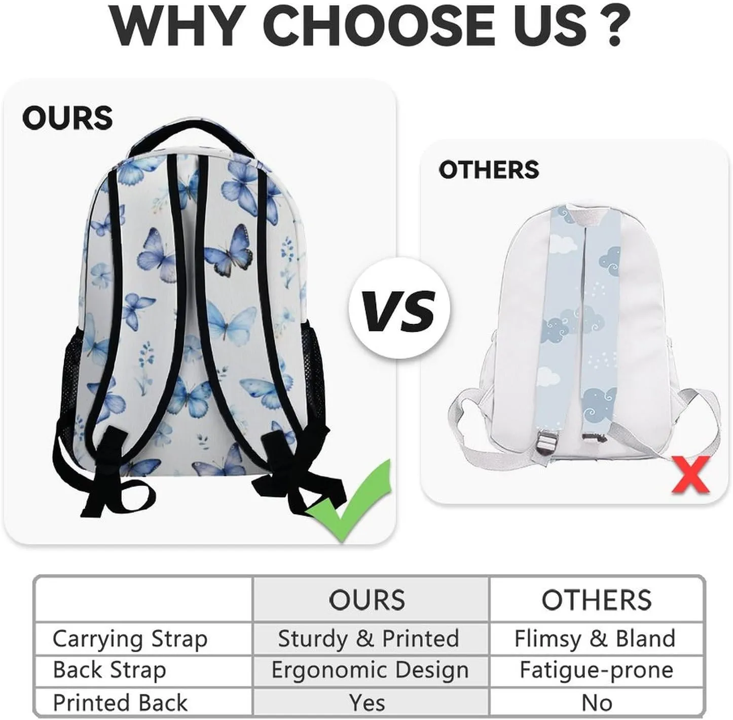 Custom School Backpack for Kids, 17 Inch Blue Butterfly Backpacks for Girls, Aesthetic Portable Bookbag for Middle High School