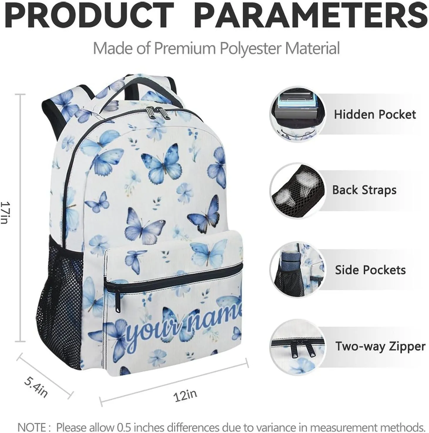 Custom School Backpack for Kids, 17 Inch Blue Butterfly Backpacks for Girls, Aesthetic Portable Bookbag for Middle High School