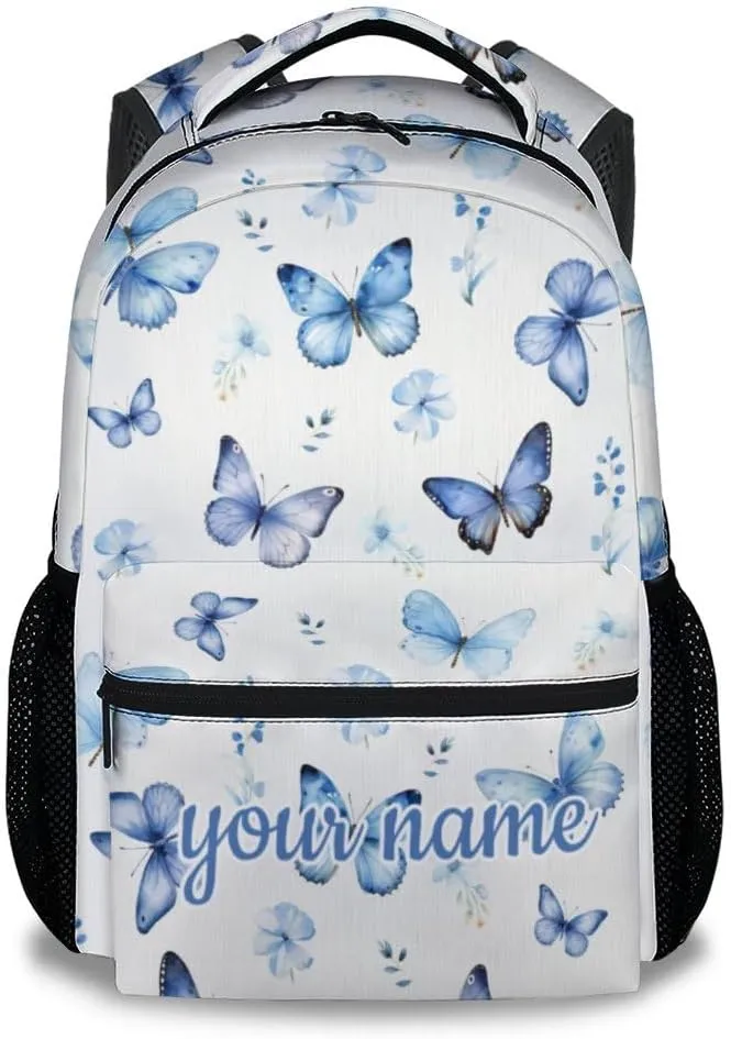 Custom School Backpack for Kids, 17 Inch Blue Butterfly Backpacks for Girls, Aesthetic Portable Bookbag for Middle High School