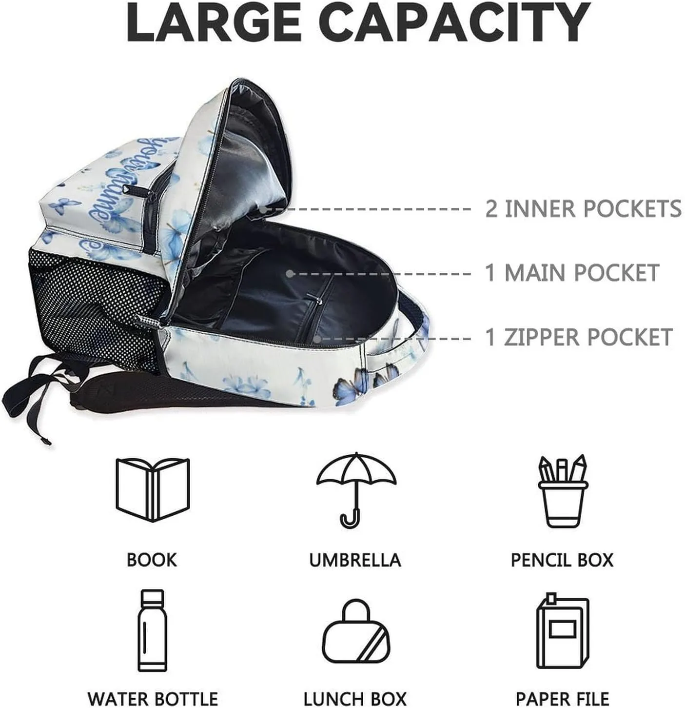 Custom School Backpack for Kids, 17 Inch Blue Butterfly Backpacks for Girls, Aesthetic Portable Bookbag for Middle High School