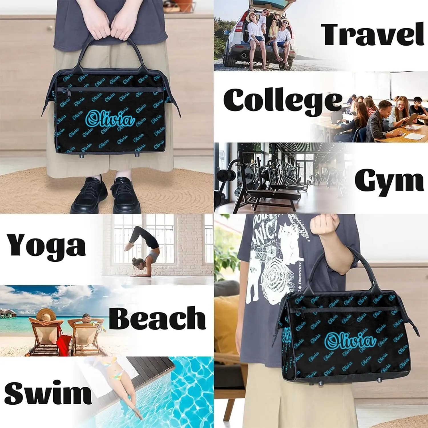 Custom Sport Duffel Bags Personalized Travel Overnight Bag Waterproof Dance Bag Lightweight Carry-On Tote for Women Men 15.2in, Black Blue