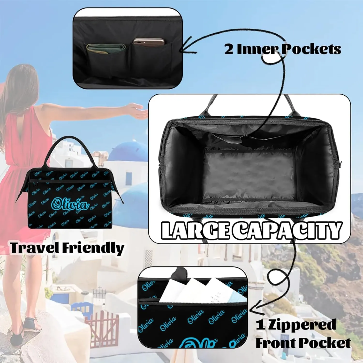 Custom Sport Duffel Bags Personalized Travel Overnight Bag Waterproof Dance Bag Lightweight Carry-On Tote for Women Men 15.2in, Black Blue