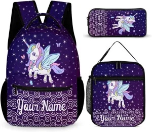 Custom Unicorn Backpack with Lunch Box & Pencil Case, 16 Inch Cute Unicorns Themed Bookbag, Adjustable Lightweight Large Capacity, Colorful Daily Casual Purple Backpacks Set with Lunch Bag
