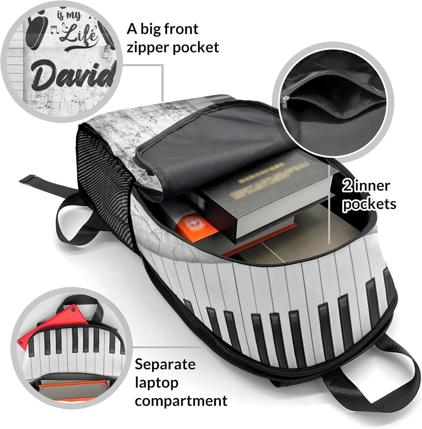 Customized Music Piano Backpack Personalized Name Schoolbag Multipurpose Daypack Sport Casual Travel Bags for Teen Adult Grey Black