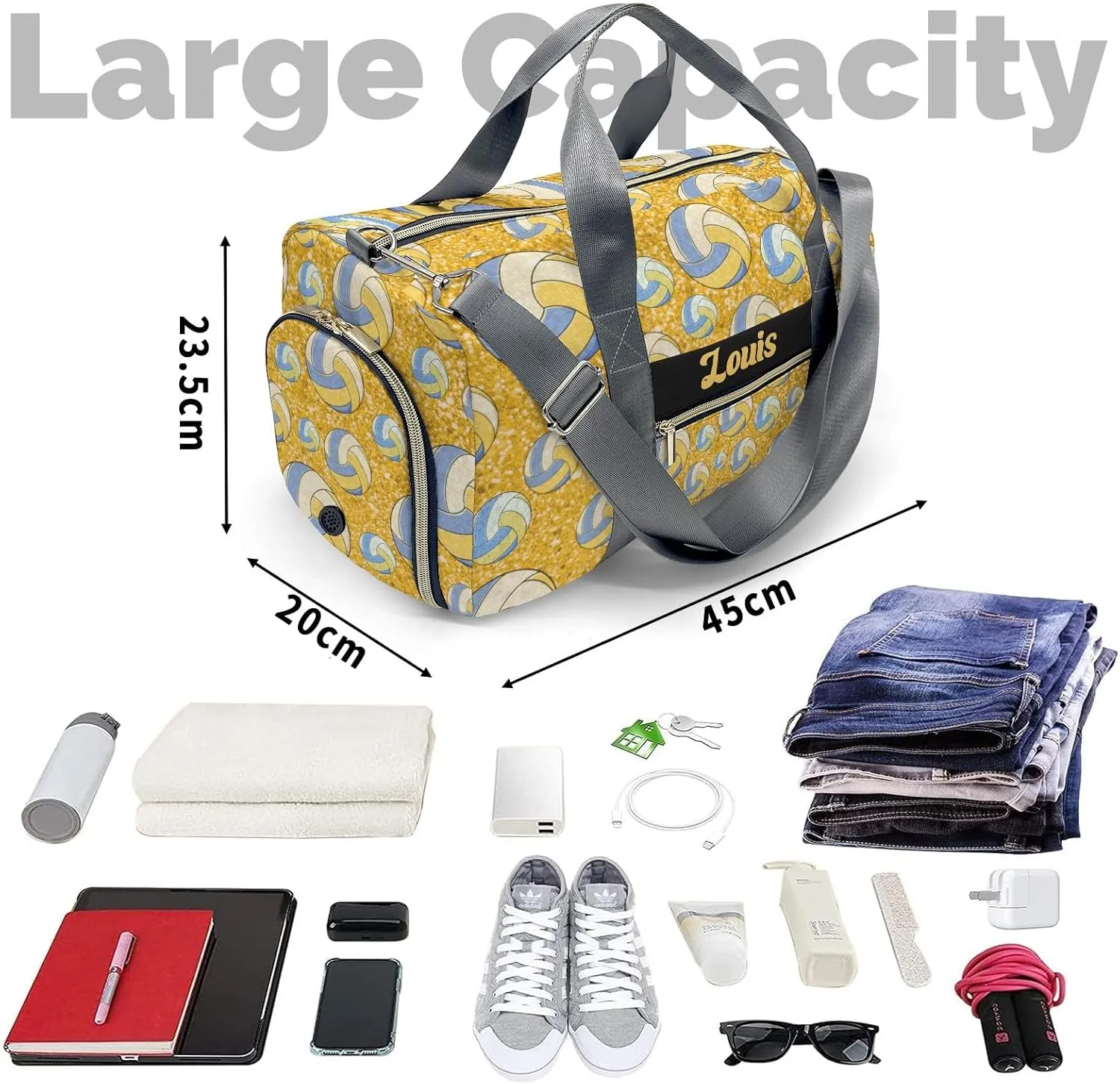 Custon Name Sport Volleyball Yellow Gym Sport Player Travel Bag,Sport Gym Bag Personalized Gift for Travel Hand Bag Carry on Bag