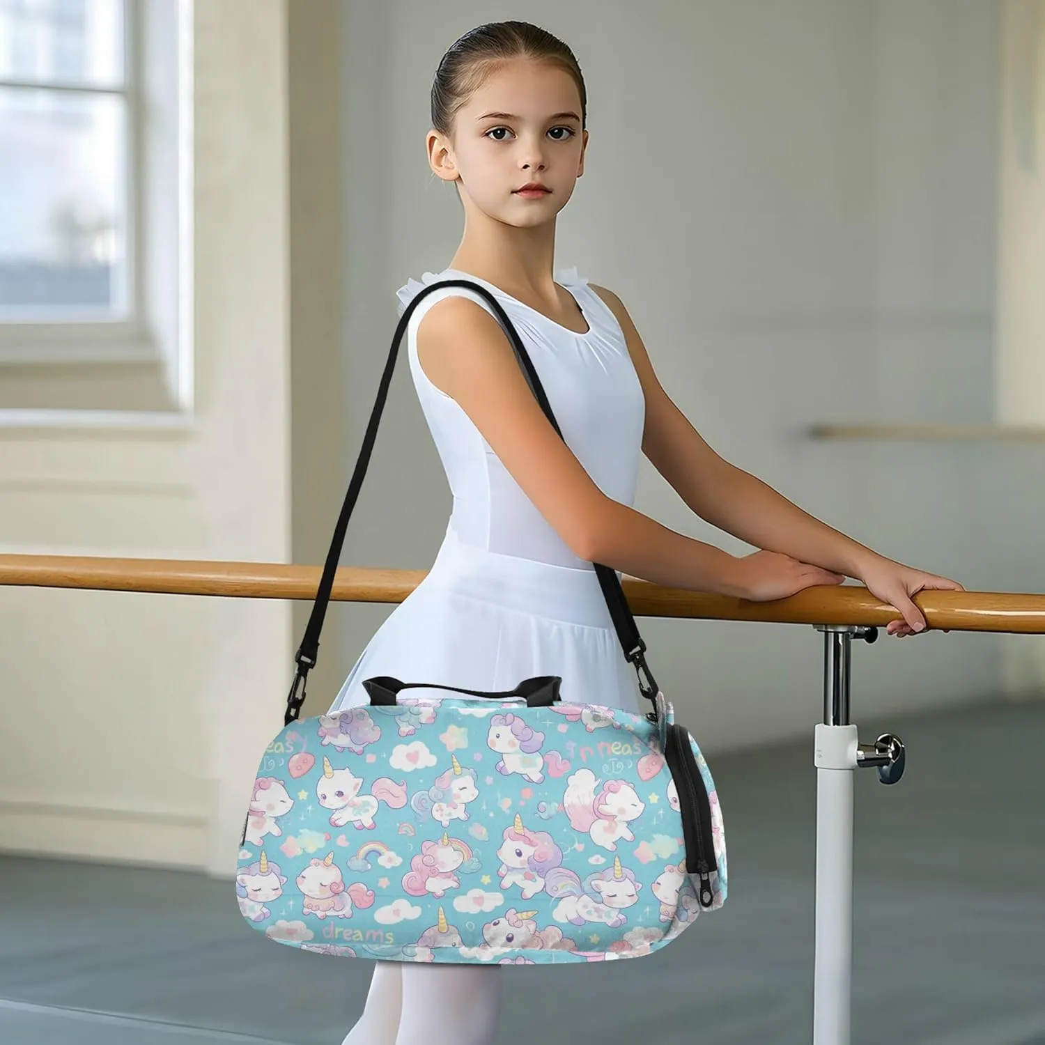 Cute Cartoon Cats Unicorns Girl's Gym Duffel Bag with Shoes Compartment Large Capacity Carry on Luggage for Travel, Swimming, Dance, Ballet