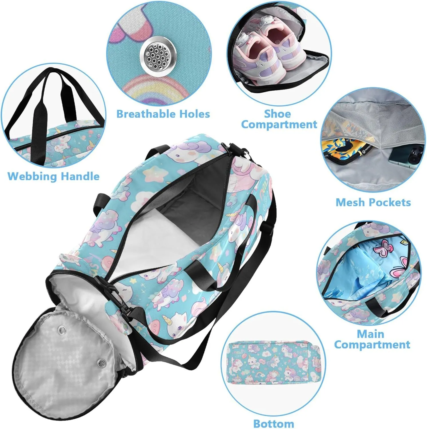 Cute Cartoon Cats Unicorns Girl's Gym Duffel Bag with Shoes Compartment Large Capacity Carry on Luggage for Travel, Swimming, Dance, Ballet