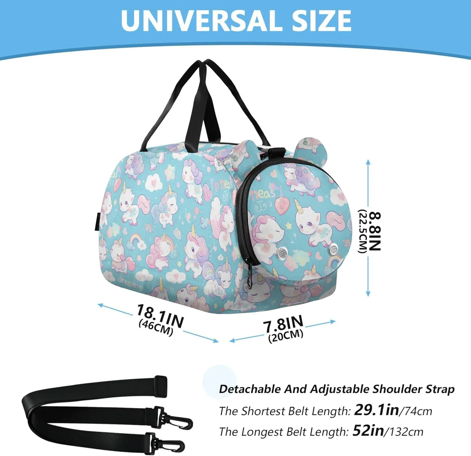 Cute Cartoon Cats Unicorns Girl's Gym Duffel Bag with Shoes Compartment Large Capacity Carry on Luggage for Travel, Swimming, Dance, Ballet