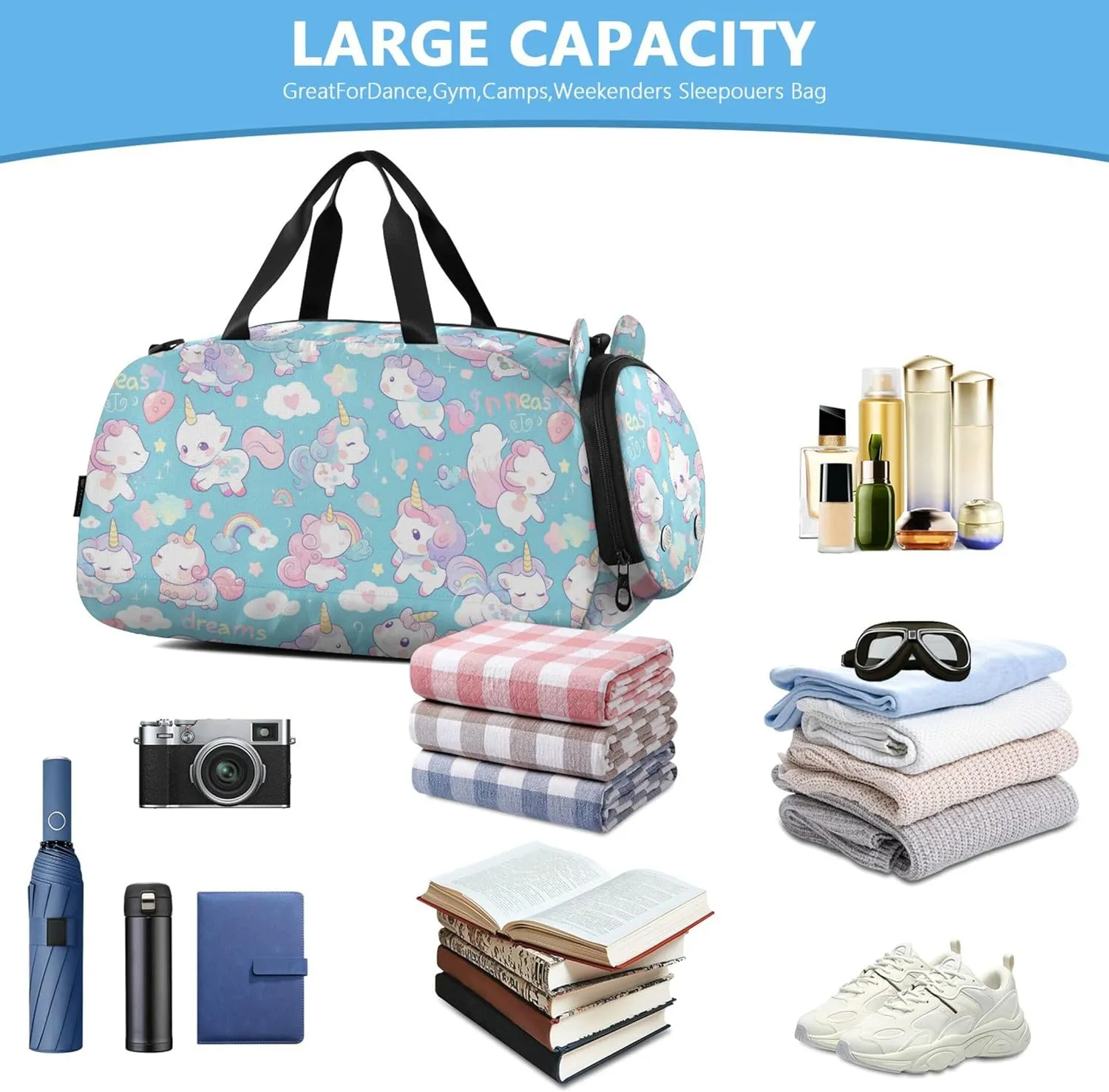 Cute Cartoon Cats Unicorns Girl's Gym Duffel Bag with Shoes Compartment Large Capacity Carry on Luggage for Travel, Swimming, Dance, Ballet