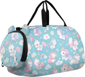 Cute Cartoon Cats Unicorns Girl's Gym Duffel Bag with Shoes Compartment Large Capacity Carry on Luggage for Travel, Swimming, Dance, Ballet