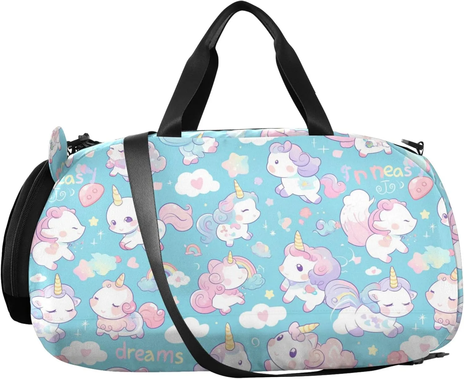 Cute Cartoon Cats Unicorns Girl's Gym Duffel Bag with Shoes Compartment Large Capacity Carry on Luggage for Travel, Swimming, Dance, Ballet