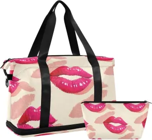 Cute Cartoon Lip Beige Gym Duffel Bag Gym Carry on Duffel Bags with Toiletry Bag for Trip Foldable