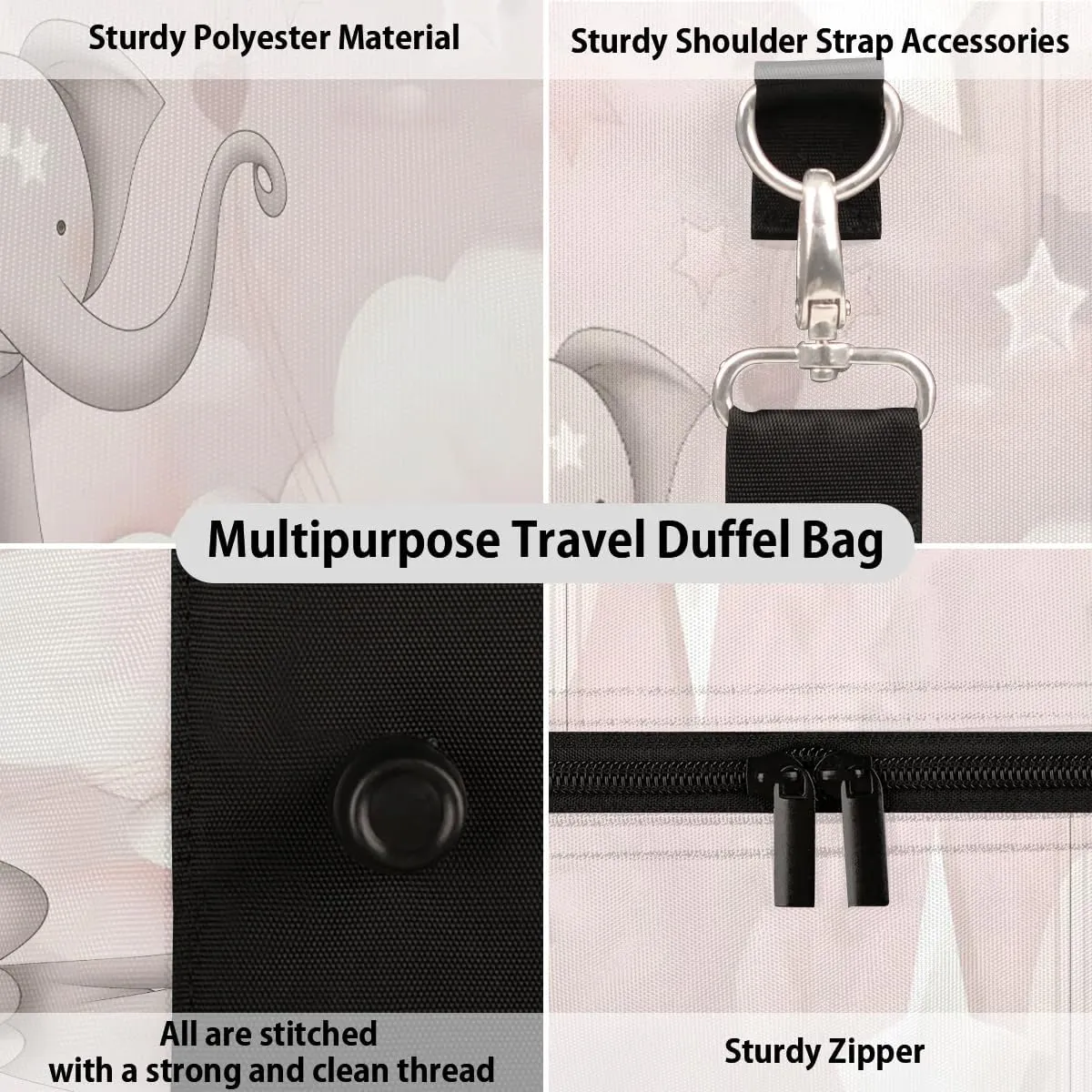 Cute Colorful Cartoon Elephant Travel Duffel Bag for Women Men Waterproof Foldable Overnight Weekender Bag Large Capacity Sports Gym Bag