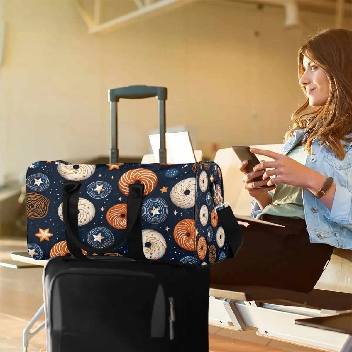 Cute Doughnut Travel Duffel Bag for Women Men Waterproof Foldable Overnight Weekender Bag Large Capacity Sports Gym Bag
