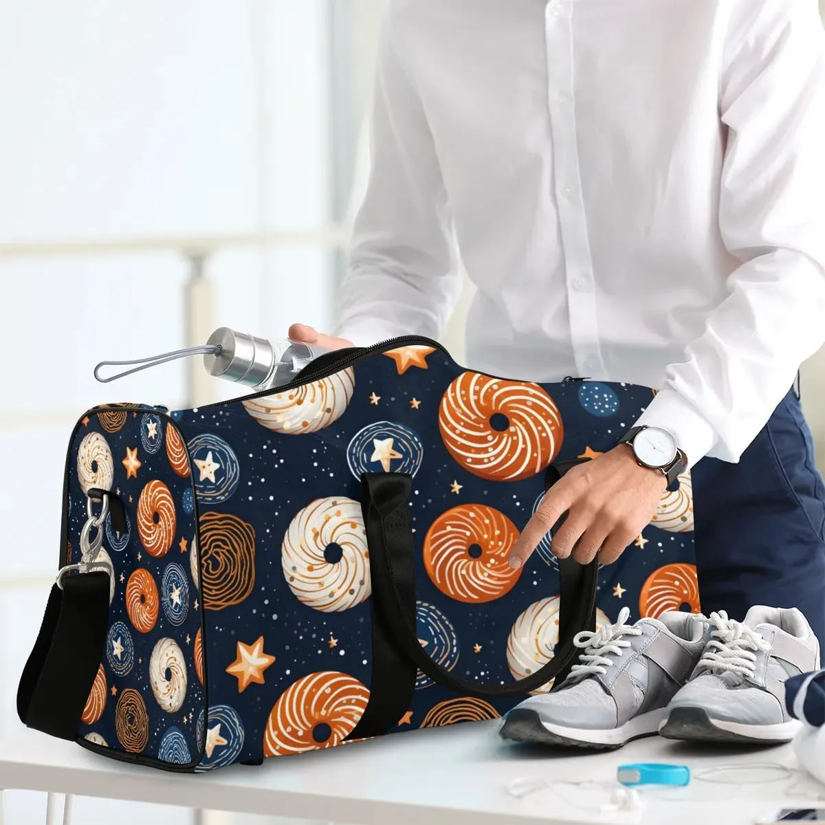 Cute Doughnut Travel Duffel Bag for Women Men Waterproof Foldable Overnight Weekender Bag Large Capacity Sports Gym Bag