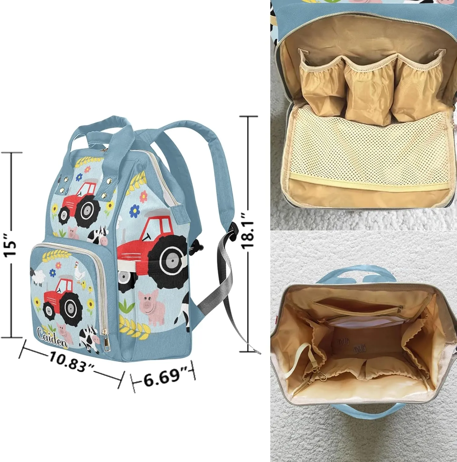 Cute Farm Animal Tractor Personalized Diaper Backpack with Name,Custom Travel DayPack for Nappy Mommy Nursing Baby Bag One Size