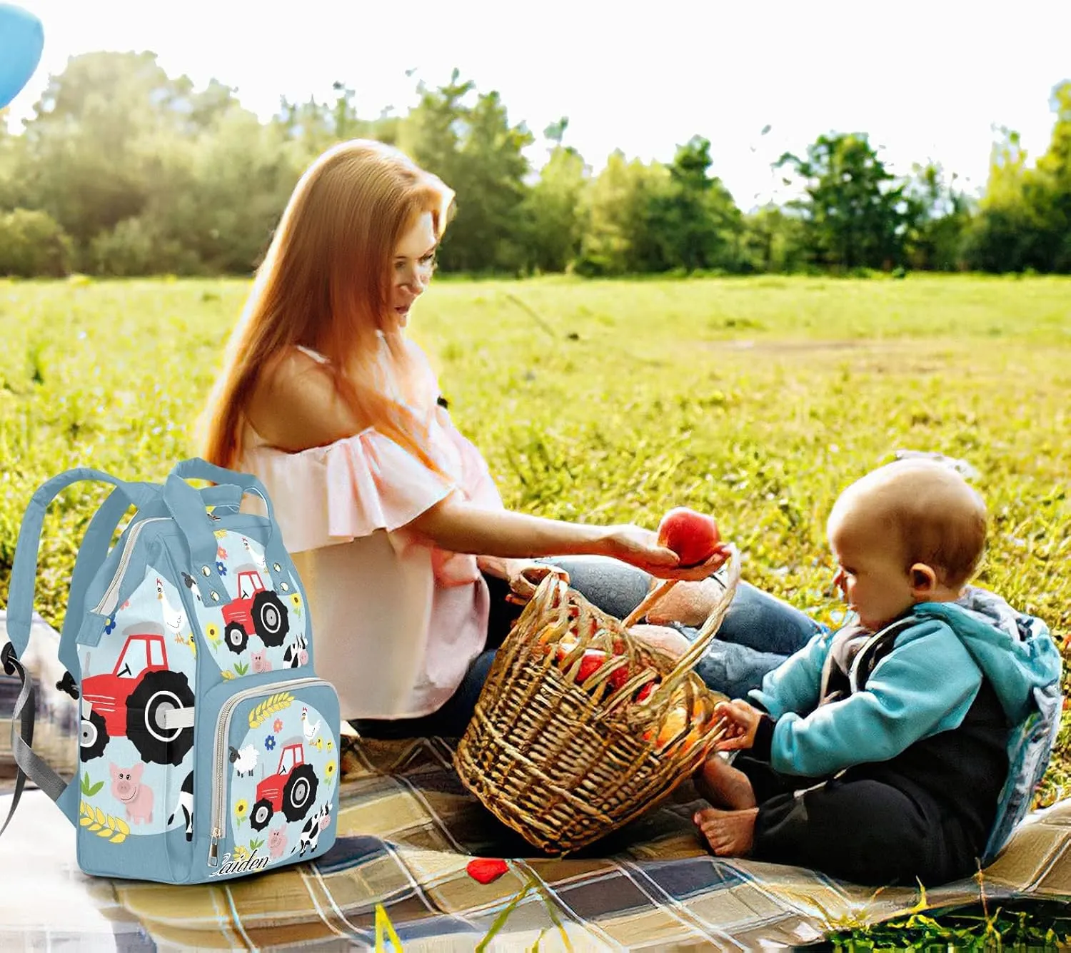 Cute Farm Animal Tractor Personalized Diaper Backpack with Name,Custom Travel DayPack for Nappy Mommy Nursing Baby Bag One Size