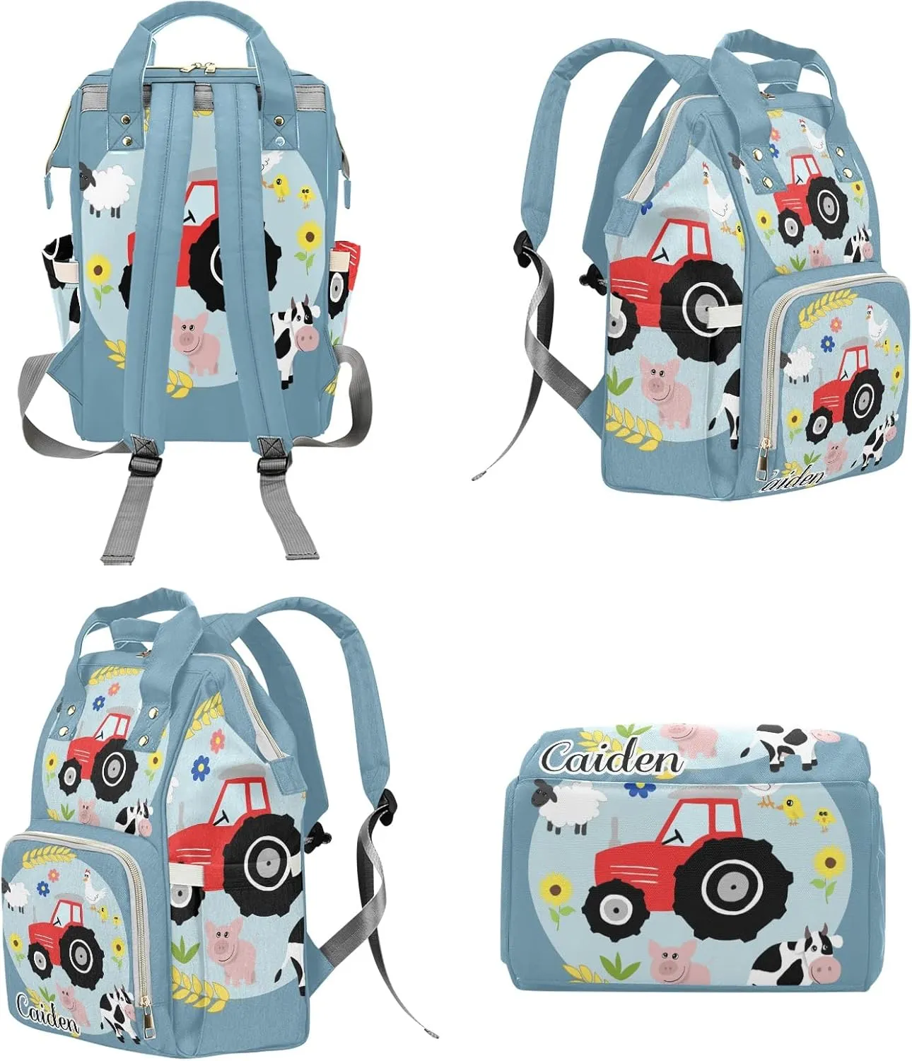 Cute Farm Animal Tractor Personalized Diaper Backpack with Name,Custom Travel DayPack for Nappy Mommy Nursing Baby Bag One Size