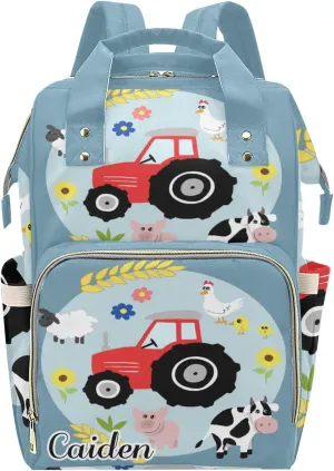 Cute Farm Animal Tractor Personalized Diaper Backpack with Name,Custom Travel DayPack for Nappy Mommy Nursing Baby Bag One Size