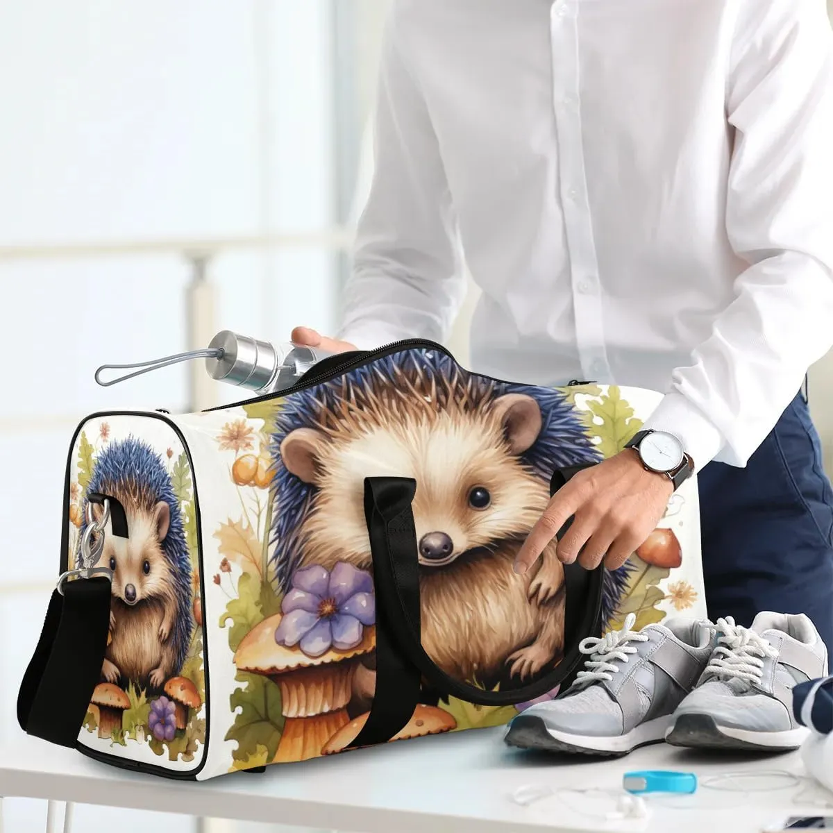 Cute Hedgehog Travel Duffel Bag for Women Men Waterproof Foldable Overnight Weekender Bag Large Capacity Sports Gym Bag