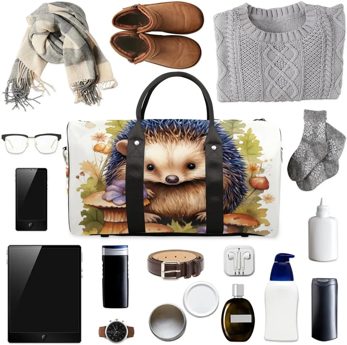 Cute Hedgehog Travel Duffel Bag for Women Men Waterproof Foldable Overnight Weekender Bag Large Capacity Sports Gym Bag