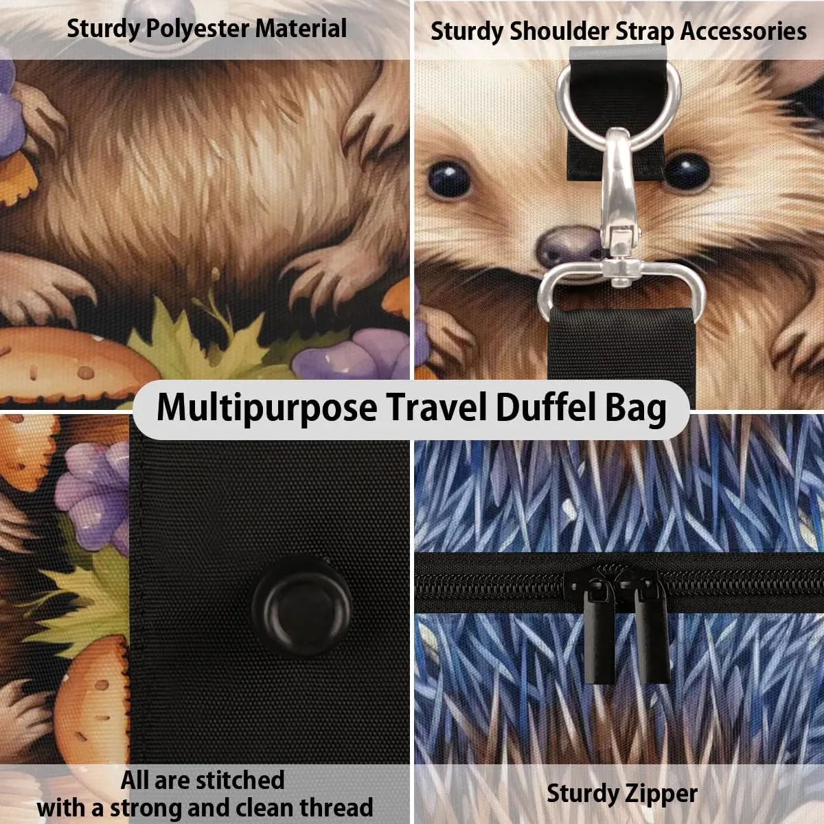Cute Hedgehog Travel Duffel Bag for Women Men Waterproof Foldable Overnight Weekender Bag Large Capacity Sports Gym Bag