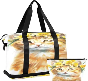Cute Lovely Watercolor Cat Wearing A Wreath Of Daffodils Travel Duffel Bag Waterproof Gym Sport Tote Bag Carry On Weekender Bag with Compartment