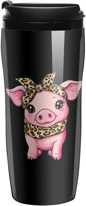 Cute Pigs Piggy Wearing Leopard Bandanna Coffee Mug with Lid Portable Tumbler Water Bottle for Travel Business 350ml