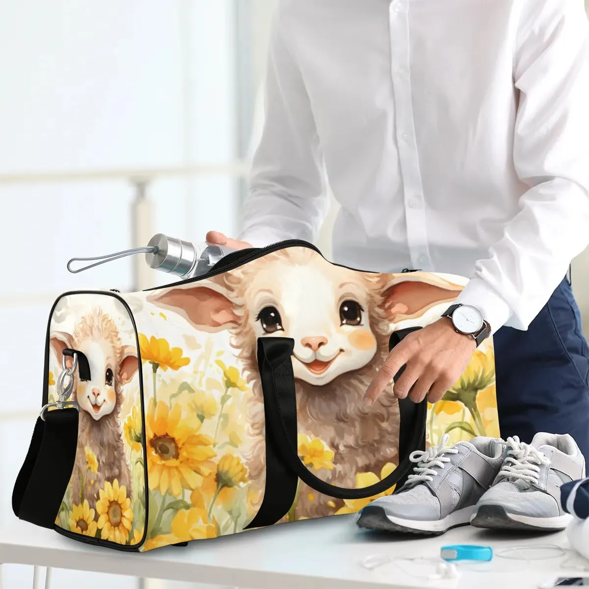 Cute Sheep Sunflowers Travel Duffel Bag for Women Men Waterproof Foldable Overnight Weekender Bag Large Capacity Sports Gym Bag