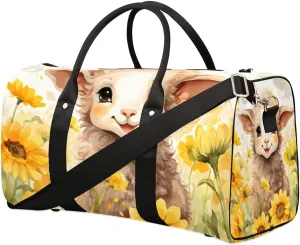 Cute Sheep Sunflowers Travel Duffel Bag for Women Men Waterproof Foldable Overnight Weekender Bag Large Capacity Sports Gym Bag