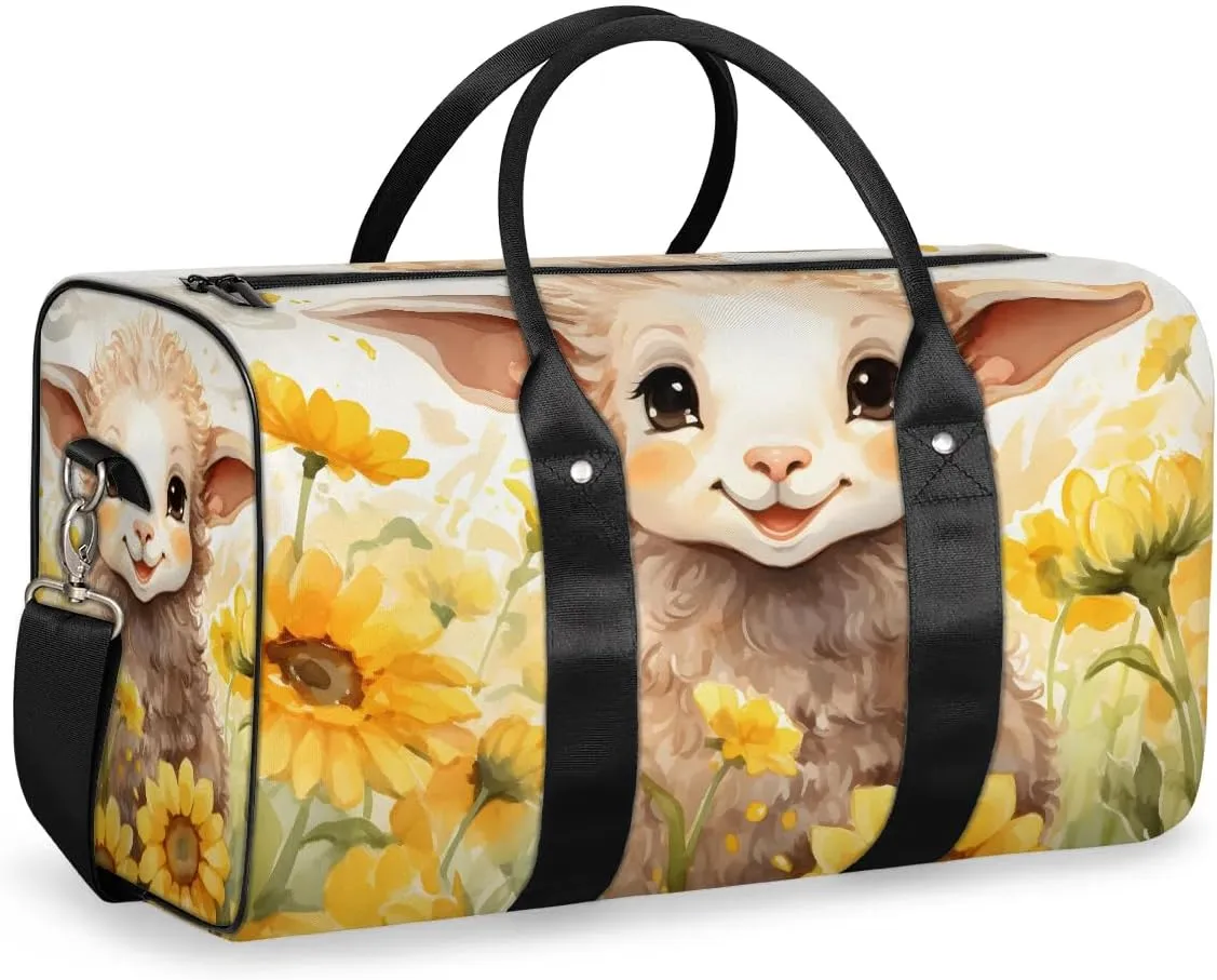 Cute Sheep Sunflowers Travel Duffel Bag for Women Men Waterproof Foldable Overnight Weekender Bag Large Capacity Sports Gym Bag