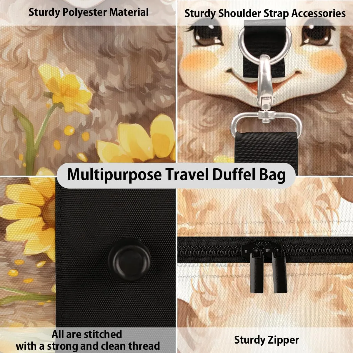 Cute Sheep Sunflowers Travel Duffel Bag for Women Men Waterproof Foldable Overnight Weekender Bag Large Capacity Sports Gym Bag