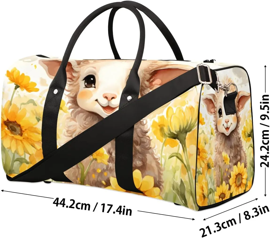 Cute Sheep Sunflowers Travel Duffel Bag for Women Men Waterproof Foldable Overnight Weekender Bag Large Capacity Sports Gym Bag