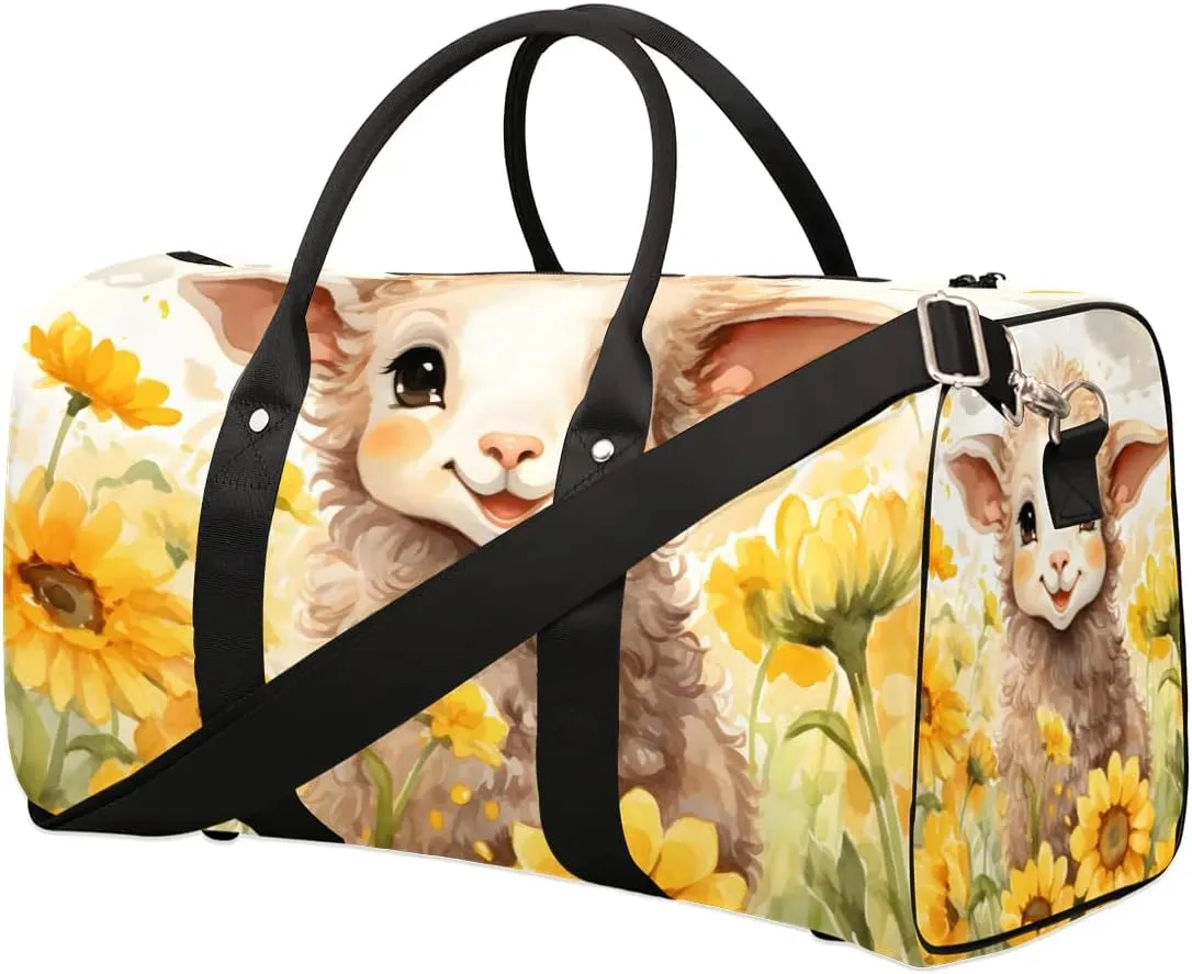 Cute Sheep Sunflowers Travel Duffel Bag for Women Men Waterproof Foldable Overnight Weekender Bag Large Capacity Sports Gym Bag