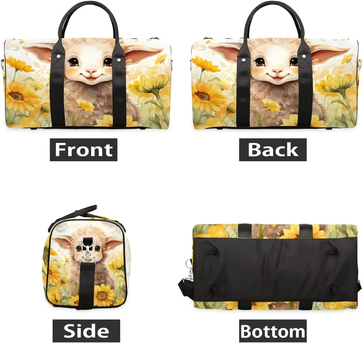 Cute Sheep Sunflowers Travel Duffel Bag for Women Men Waterproof Foldable Overnight Weekender Bag Large Capacity Sports Gym Bag