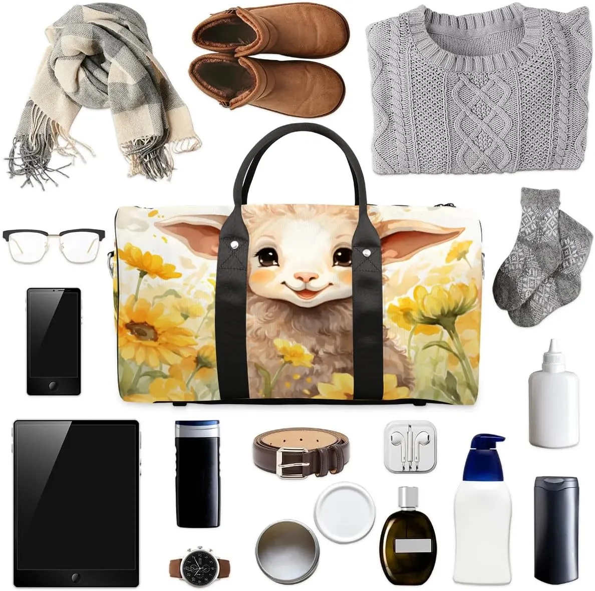 Cute Sheep Sunflowers Travel Duffel Bag for Women Men Waterproof Foldable Overnight Weekender Bag Large Capacity Sports Gym Bag