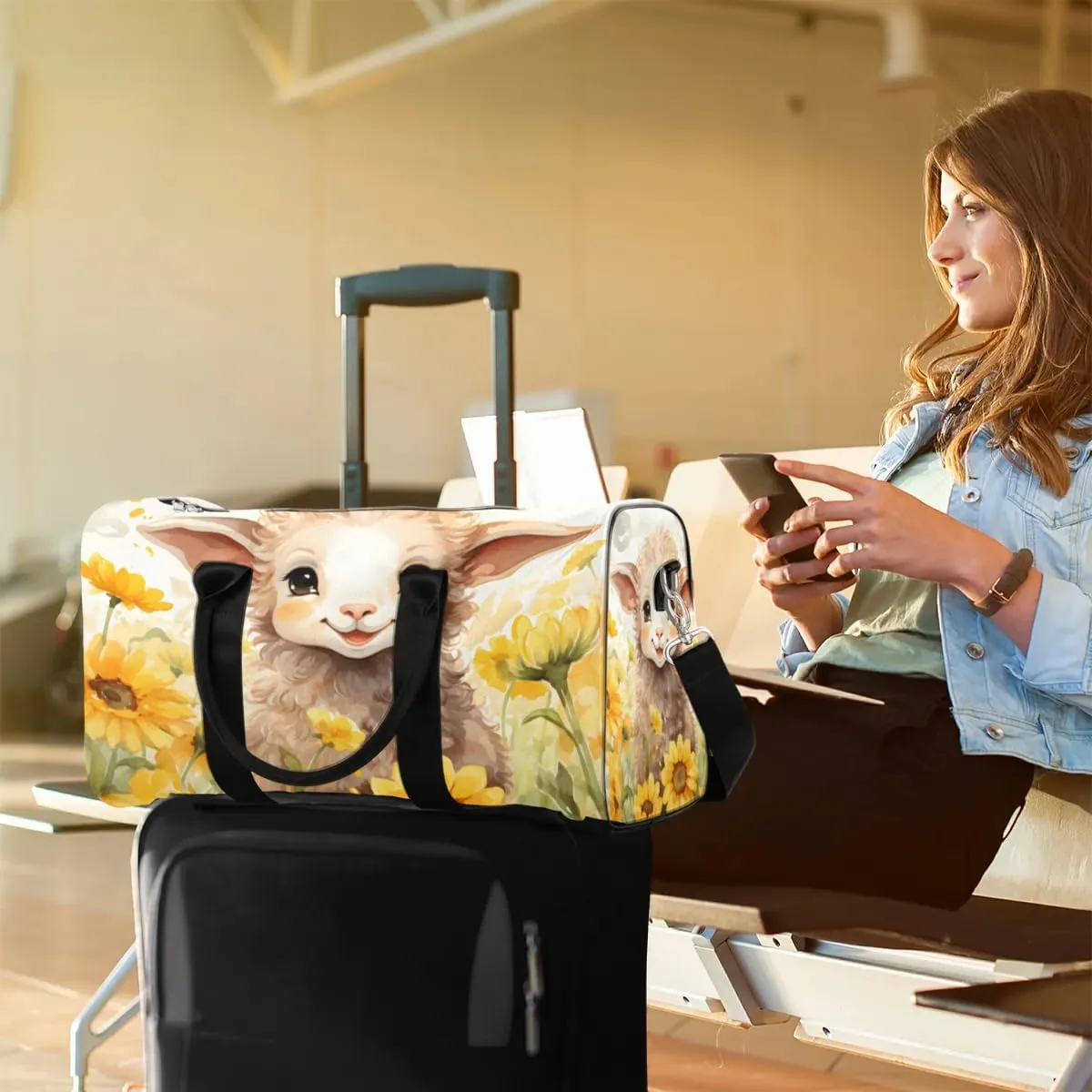 Cute Sheep Sunflowers Travel Duffel Bag for Women Men Waterproof Foldable Overnight Weekender Bag Large Capacity Sports Gym Bag