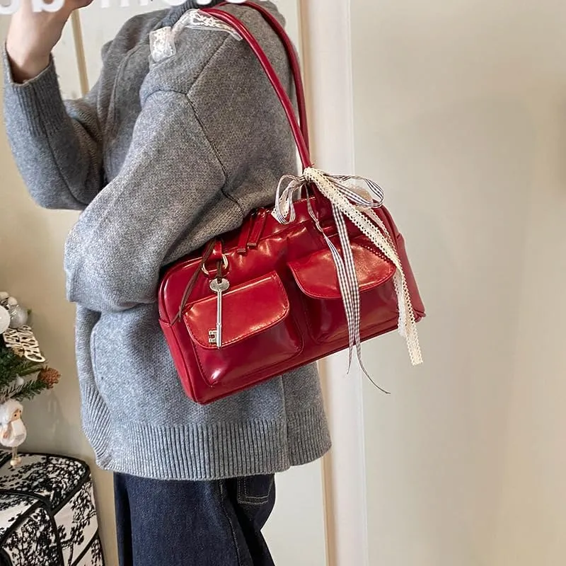 Cute Shoulder Bag for Women, Y2K Purse Aesthetic Japanese Tote, Burgundy Leather Bow Purse