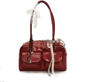 Cute Shoulder Bag for Women, Y2K Purse Aesthetic Japanese Tote, Burgundy Leather Bow Purse
