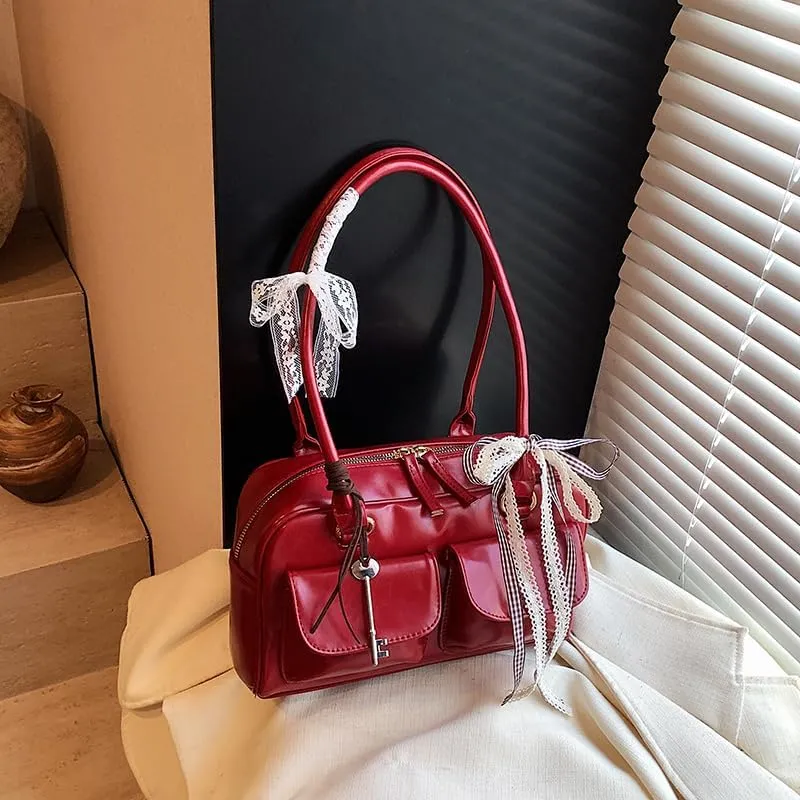Cute Shoulder Bag for Women, Y2K Purse Aesthetic Japanese Tote, Burgundy Leather Bow Purse