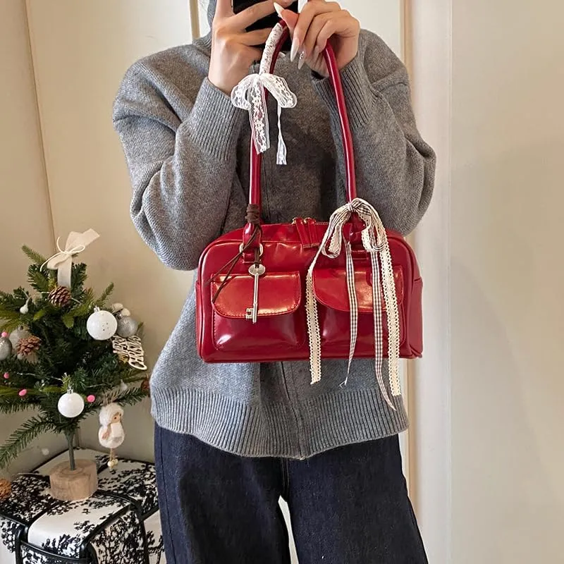 Cute Shoulder Bag for Women, Y2K Purse Aesthetic Japanese Tote, Burgundy Leather Bow Purse
