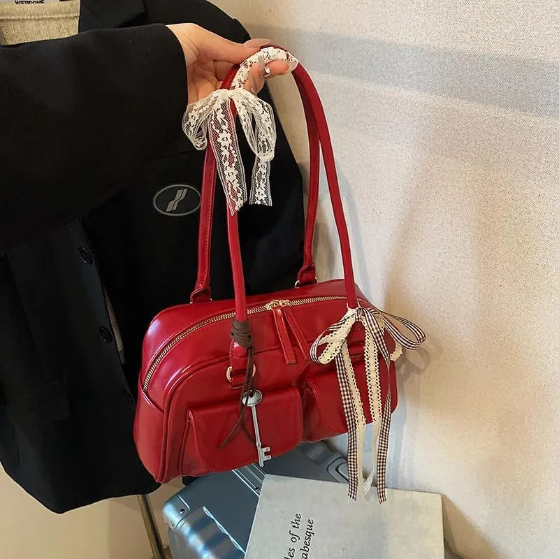 Cute Shoulder Bag for Women, Y2K Purse Aesthetic Japanese Tote, Burgundy Leather Bow Purse